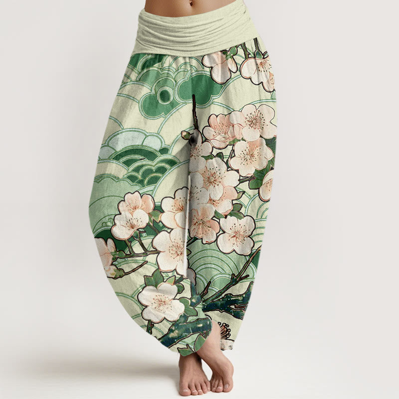 Buddha Stones Damen Haremshose mit elastischer Taille und Kirschblüten-Wellenmuster - WaldGrün - US22， UK/AU26，EU54 (6XL) - image 5