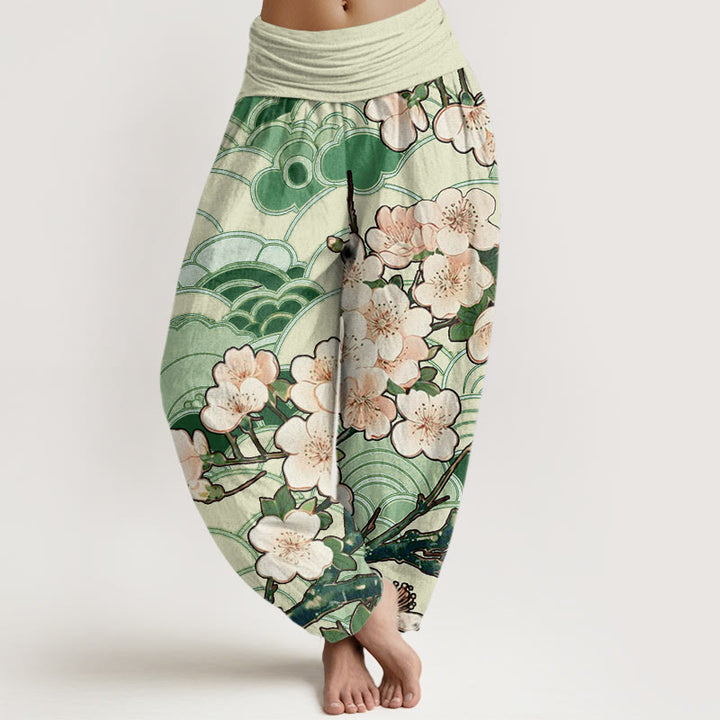 Buddha Stones Damen Haremshose mit elastischer Taille und Kirschblüten-Wellenmuster - WaldGrün - US22， UK/AU26，EU54 (6XL) - image 5