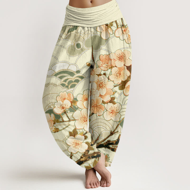 Buddha Stones Damen Haremshose mit elastischer Taille und Kirschblüten-Wellenmuster - Olivgrün - US22， UK/AU26，EU54 (6XL) - image 8