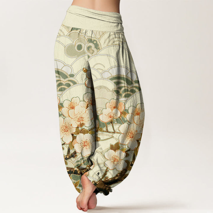 Buddha Stones Damen Haremshose mit elastischer Taille und Kirschblüten-Wellenmuster - image 9
