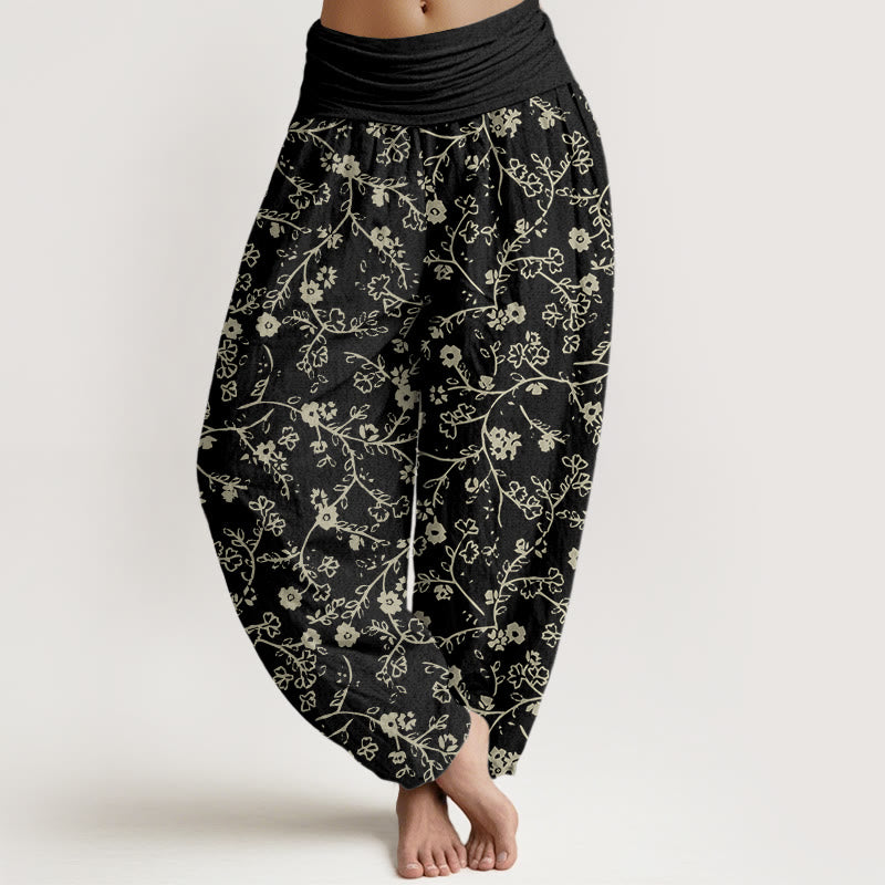 Haremshose mit Buddha Stones, Blumenzweig-Muster, schlichtes Design, elastische Taille für Damen - Schwarz - US22， UK/AU26，EU54 (6XL) - image 5