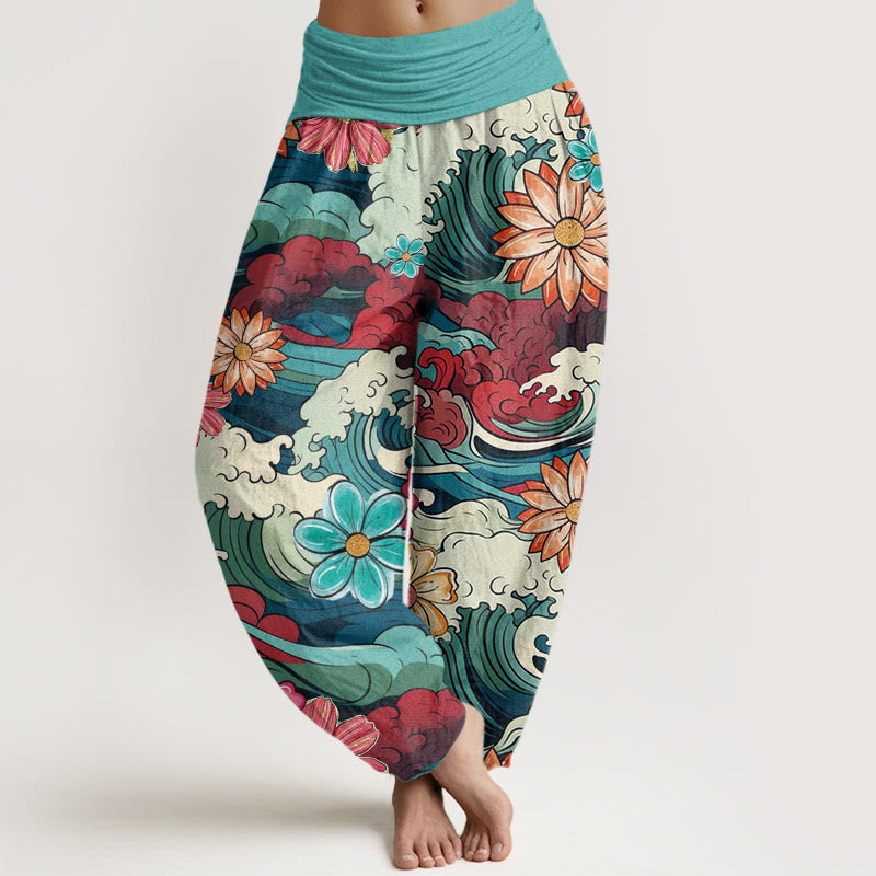 Buddha Stones Bunte Ozeanwelle Verschiedene Blumenmuster Damen Haremshose mit elastischer Taille - Mitteltürkis - US22， UK/AU26，EU54 (6XL) - image 1