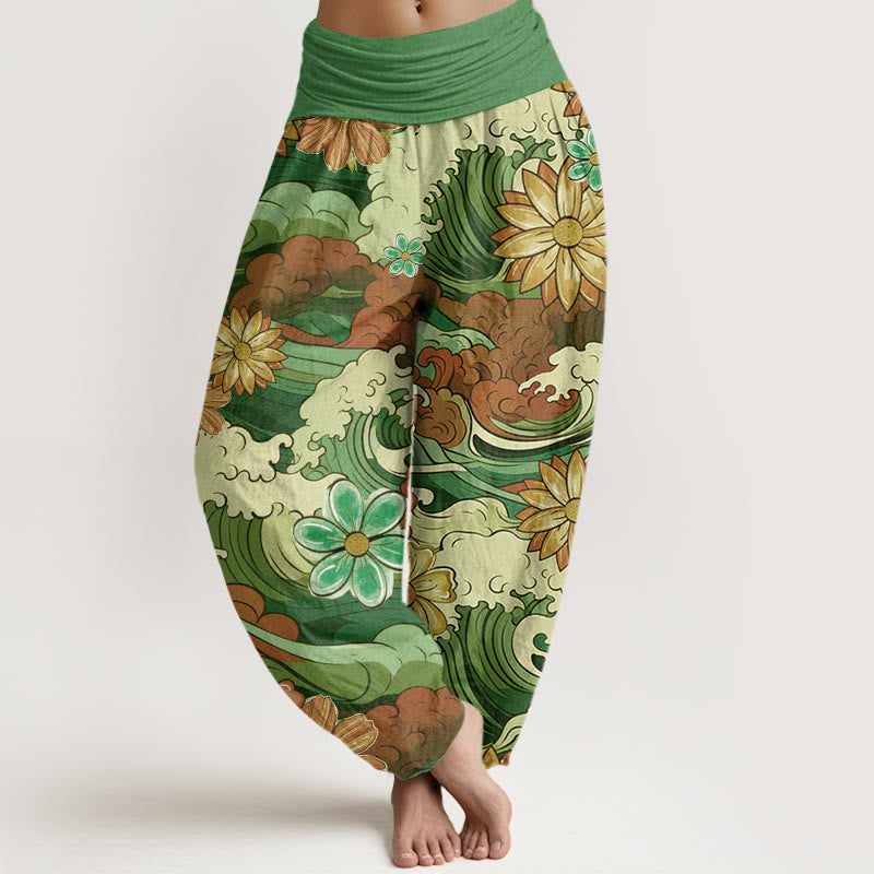 Buddha Stones Bunte Ozeanwelle Verschiedene Blumenmuster Damen Haremshose mit elastischer Taille - Grün - US22， UK/AU26，EU54 (6XL) - image 5