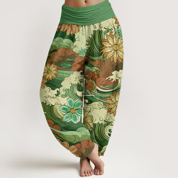 Buddha Stones Bunte Ozeanwelle Verschiedene Blumenmuster Damen Haremshose mit elastischer Taille - Grün - US22， UK/AU26，EU54 (6XL) - image 5