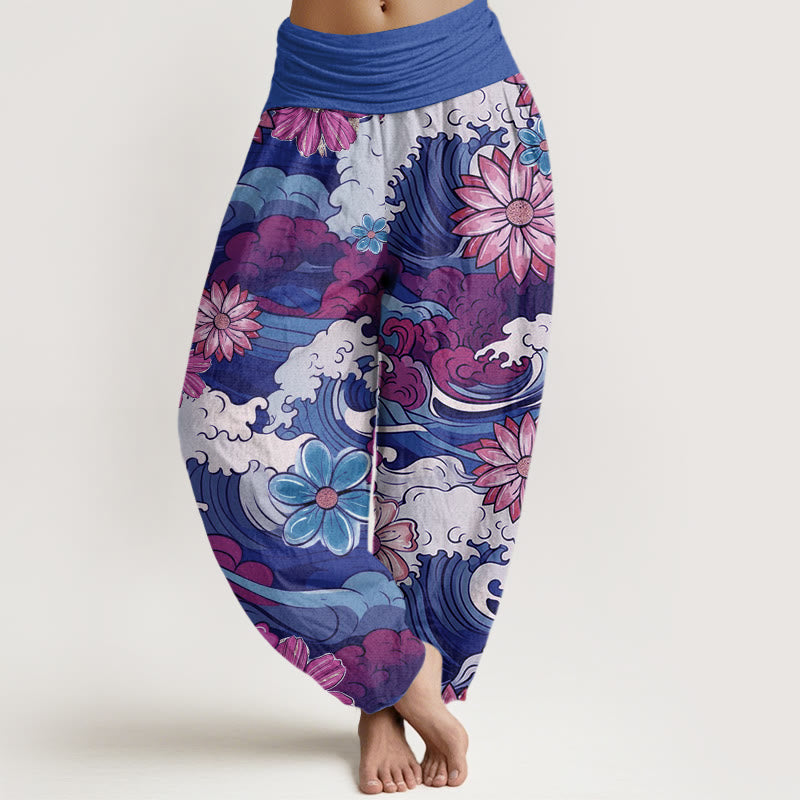 Buddha Stones Bunte Ozeanwelle Verschiedene Blumenmuster Damen Haremshose mit elastischer Taille - Schieferblau - US22， UK/AU26，EU54 (6XL) - image 8