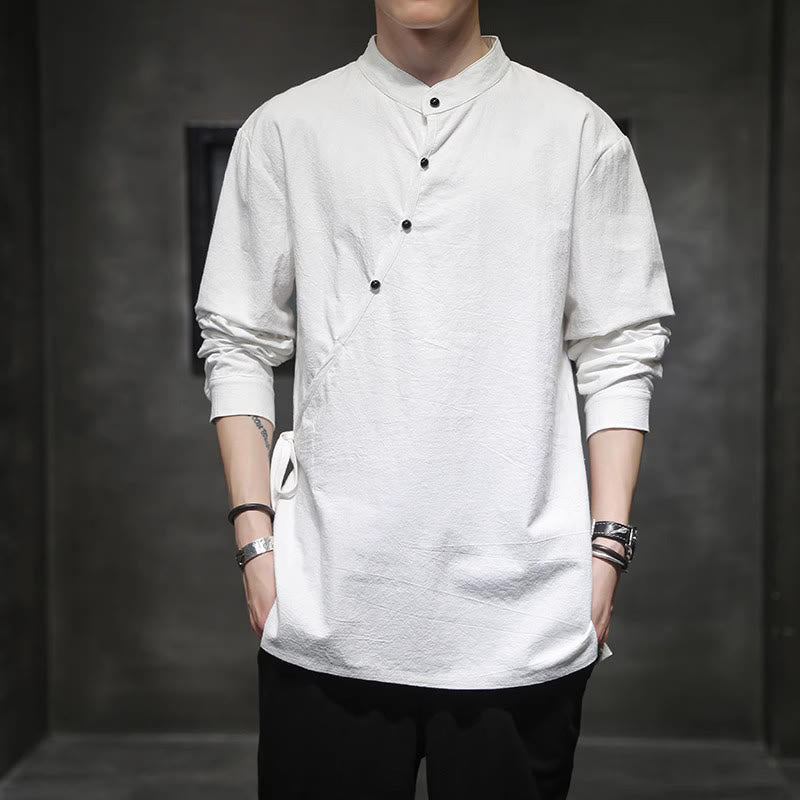 Buddha Stones Plain Lace-Up Simple Button Design Herren Langarm Baumwolle Leinen Hemd Kleidung - image 14