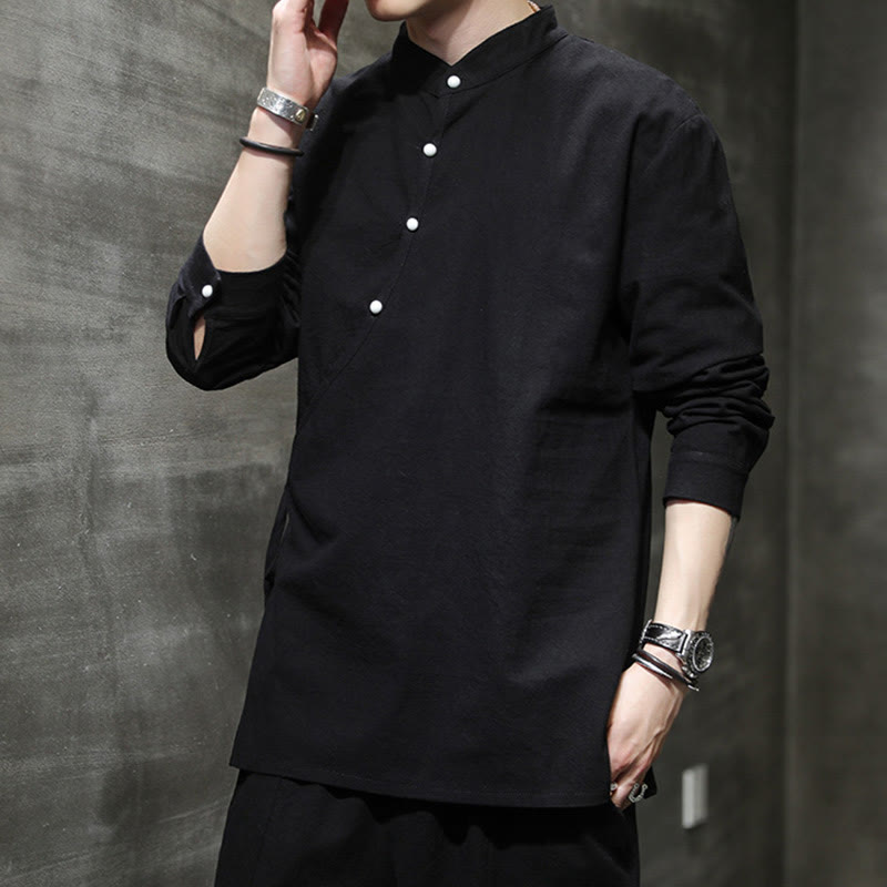 Buddha Stones Plain Lace-Up Simple Button Design Herren Langarm Baumwolle Leinen Hemd Kleidung - image 1