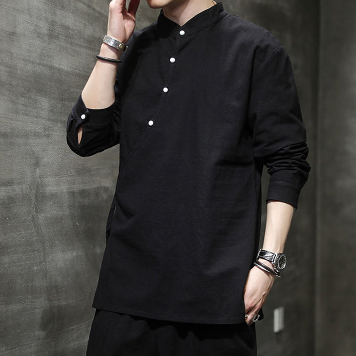 Buddha Stones Plain Lace-Up Simple Button Design Herren Langarm Baumwolle Leinen Hemd Kleidung - image 1