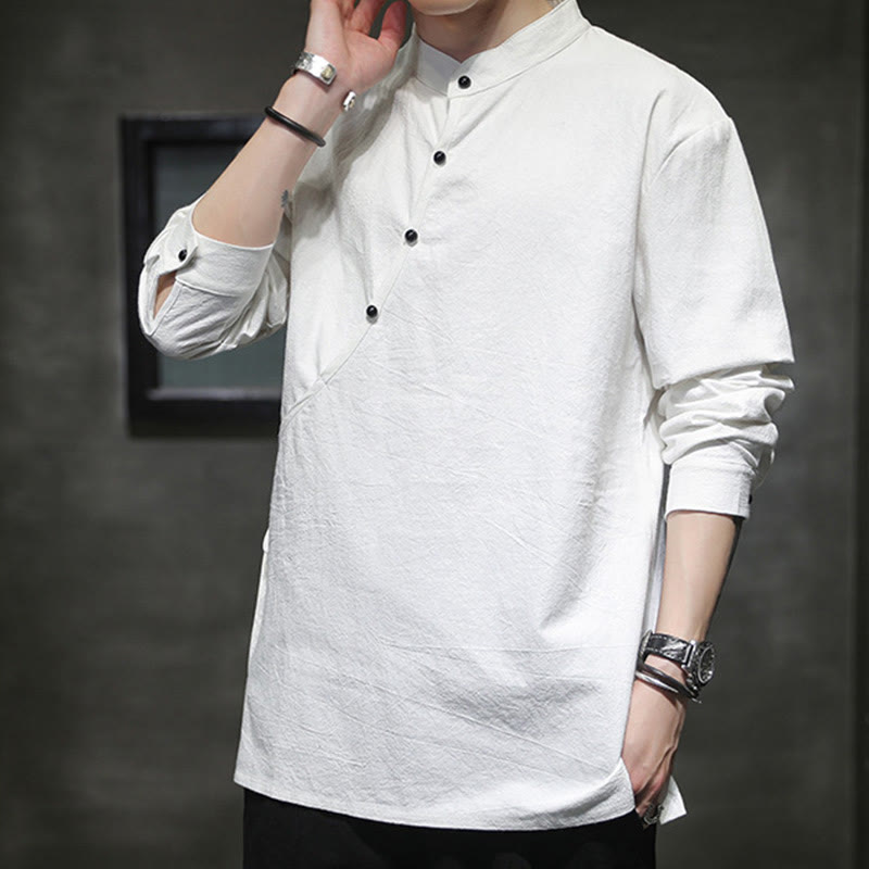 Buddha Stones Plain Lace-Up Simple Button Design Herren Langarm Baumwolle Leinen Hemd Kleidung - image 19