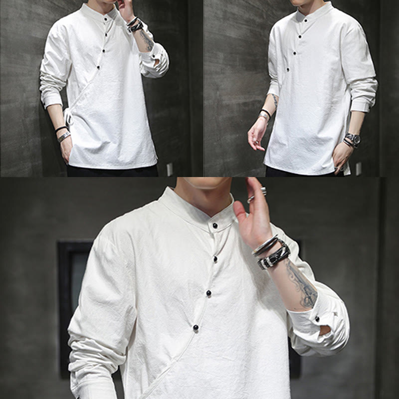 Buddha Stones Plain Lace-Up Simple Button Design Herren Langarm Baumwolle Leinen Hemd Kleidung - image 20