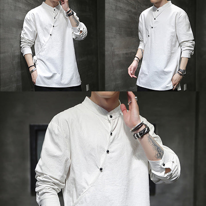 Buddha Stones Plain Lace-Up Simple Button Design Herren Langarm Baumwolle Leinen Hemd Kleidung - image 20