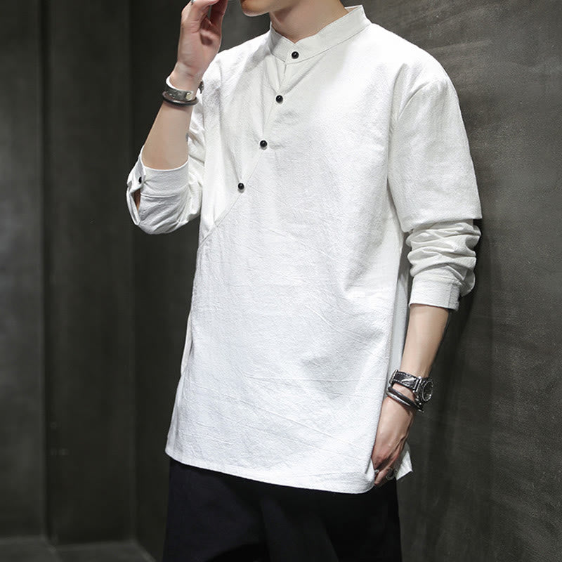 Buddha Stones Plain Lace-Up Simple Button Design Herren Langarm Baumwolle Leinen Hemd Kleidung - image 18