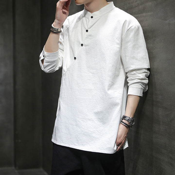 Buddha Stones Plain Lace-Up Simple Button Design Herren Langarm Baumwolle Leinen Hemd Kleidung - image 18
