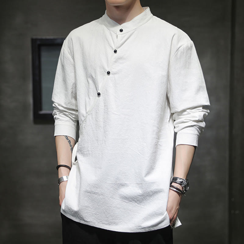 Buddha Stones Plain Lace-Up Simple Button Design Herren Langarm Baumwolle Leinen Hemd Kleidung - image 17