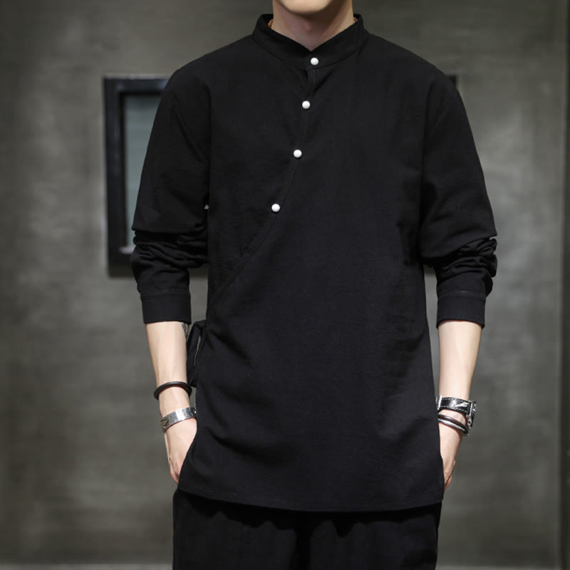 Buddha Stones Plain Lace-Up Simple Button Design Herren Langarm Baumwolle Leinen Hemd Kleidung - Schwarz - US/UK/AU46, EU56 (5XL) - image 0