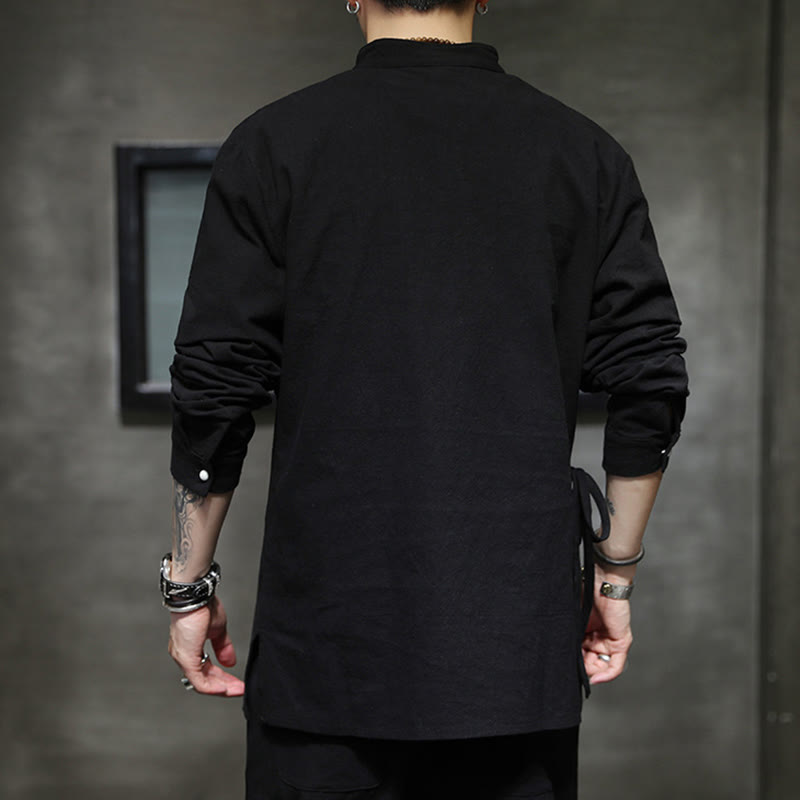 Buddha Stones Plain Lace-Up Simple Button Design Herren Langarm Baumwolle Leinen Hemd Kleidung - image 5