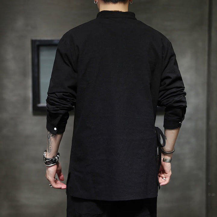 Buddha Stones Plain Lace-Up Simple Button Design Herren Langarm Baumwolle Leinen Hemd Kleidung - image 5