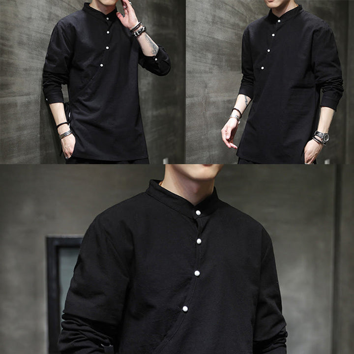 Buddha Stones Plain Lace-Up Simple Button Design Herren Langarm Baumwolle Leinen Hemd Kleidung - image 11