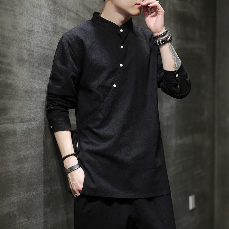 Buddha Stones Plain Lace-Up Simple Button Design Herren Langarm Baumwolle Leinen Hemd Kleidung - image 2