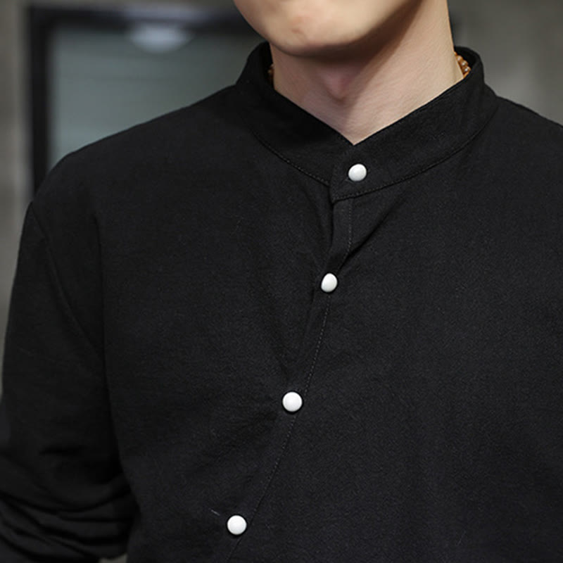Buddha Stones Plain Lace-Up Simple Button Design Herren Langarm Baumwolle Leinen Hemd Kleidung - image 8