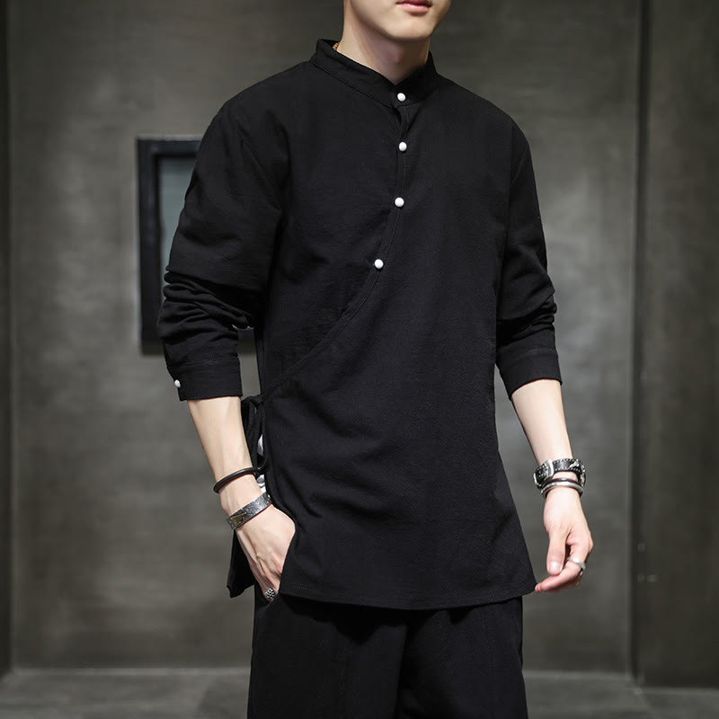 Buddha Stones Plain Lace-Up Simple Button Design Herren Langarm Baumwolle Leinen Hemd Kleidung - image 7
