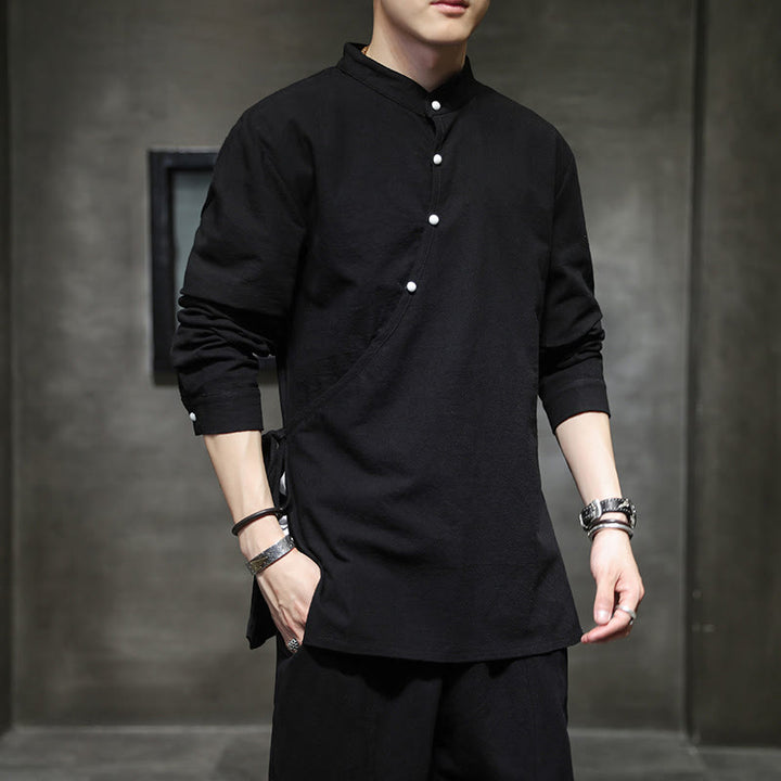 Buddha Stones Plain Lace-Up Simple Button Design Herren Langarm Baumwolle Leinen Hemd Kleidung - image 7