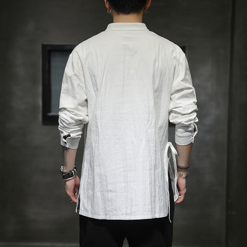 Buddha Stones Plain Lace-Up Simple Button Design Herren Langarm Baumwolle Leinen Hemd Kleidung - image 15