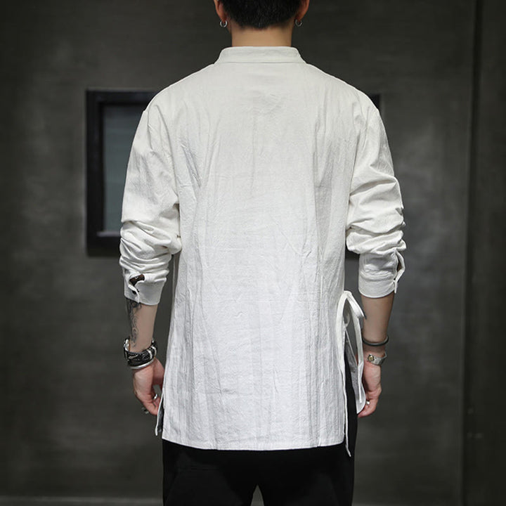 Buddha Stones Plain Lace-Up Simple Button Design Herren Langarm Baumwolle Leinen Hemd Kleidung - image 15