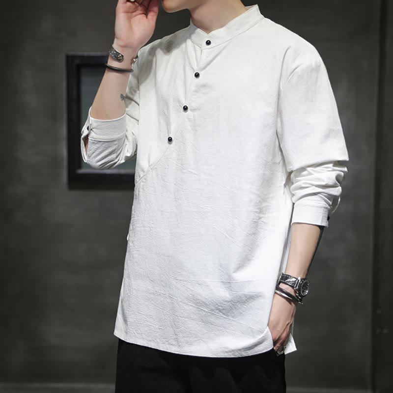 Buddha Stones Plain Lace-Up Simple Button Design Herren Langarm Baumwolle Leinen Hemd Kleidung - image 16