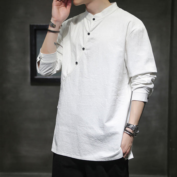 Buddha Stones Plain Lace-Up Simple Button Design Herren Langarm Baumwolle Leinen Hemd Kleidung - image 16