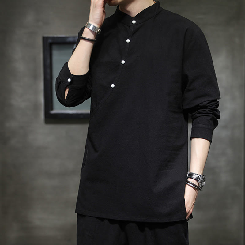 Buddha Stones Plain Lace-Up Simple Button Design Herren Langarm Baumwolle Leinen Hemd Kleidung - image 6