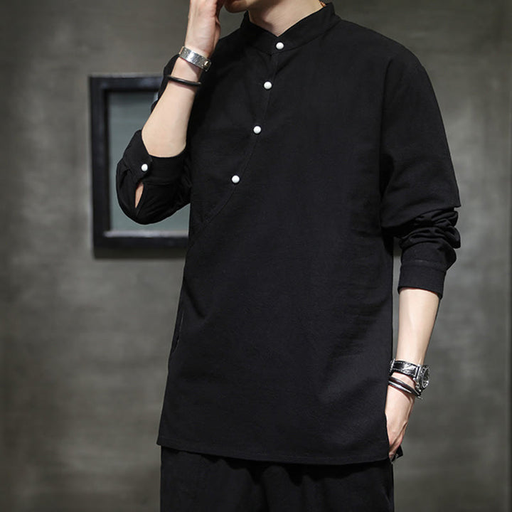 Buddha Stones Plain Lace-Up Simple Button Design Herren Langarm Baumwolle Leinen Hemd Kleidung - image 6