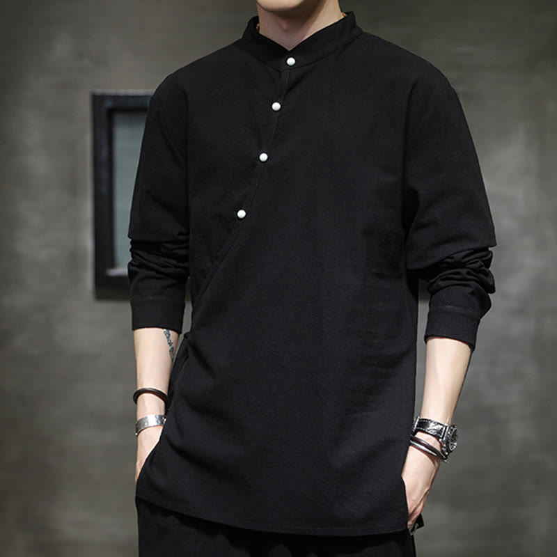 Buddha Stones Plain Lace-Up Simple Button Design Herren Langarm Baumwolle Leinen Hemd Kleidung - image 4