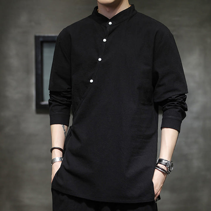Buddha Stones Plain Lace-Up Simple Button Design Herren Langarm Baumwolle Leinen Hemd Kleidung - image 4