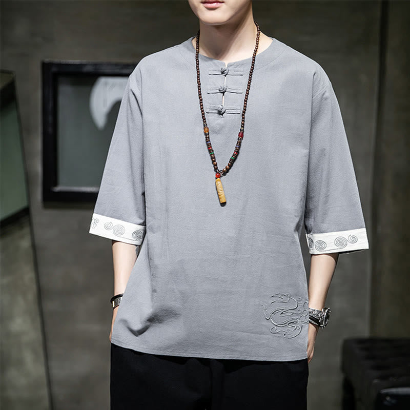 Buddha Stones Sommer Stickerei Einfarbig Frosch-Knopf Herren Rundhals Halbarm Baumwolle Leinen Hemd Kleidung - Silber - US/ UK/AU46，EU56 (5XL) - image 0