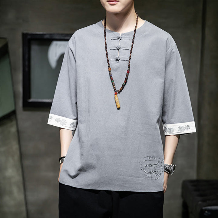 Buddha Stones Sommer Stickerei Einfarbig Frosch-Knopf Herren Rundhals Halbarm Baumwolle Leinen Hemd Kleidung - Silber - US/ UK/AU46，EU56 (5XL) - image 0