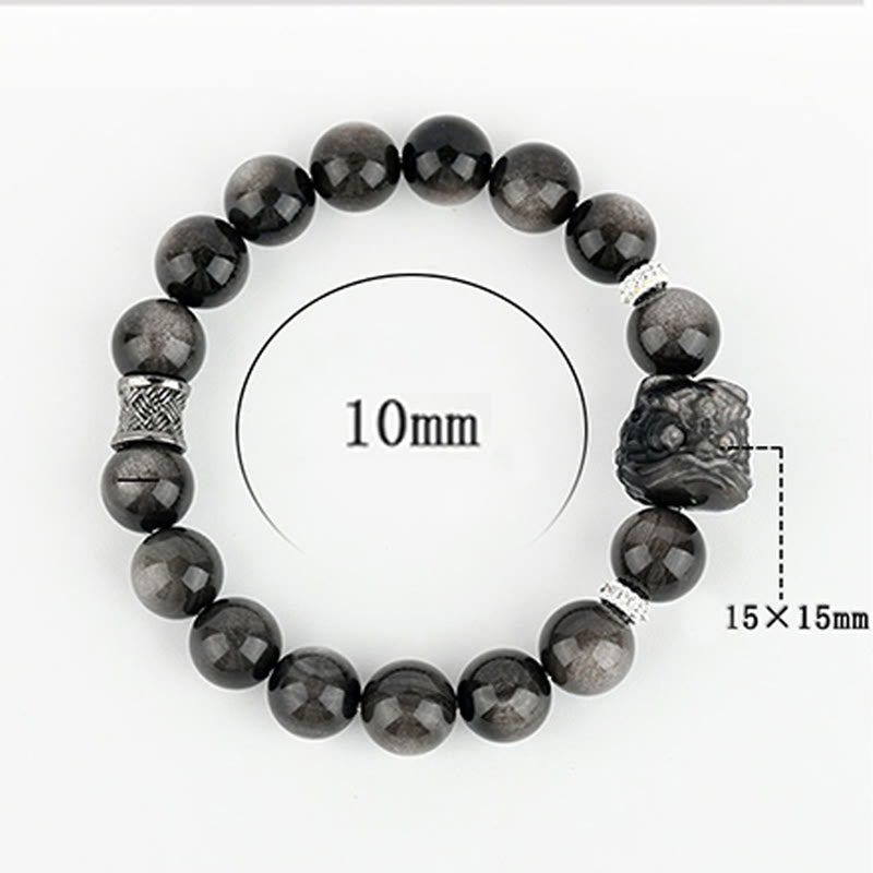 Buddha Stones Schutzarmband mit natürlichem Silberglanz-Obsidian und Löwentanz