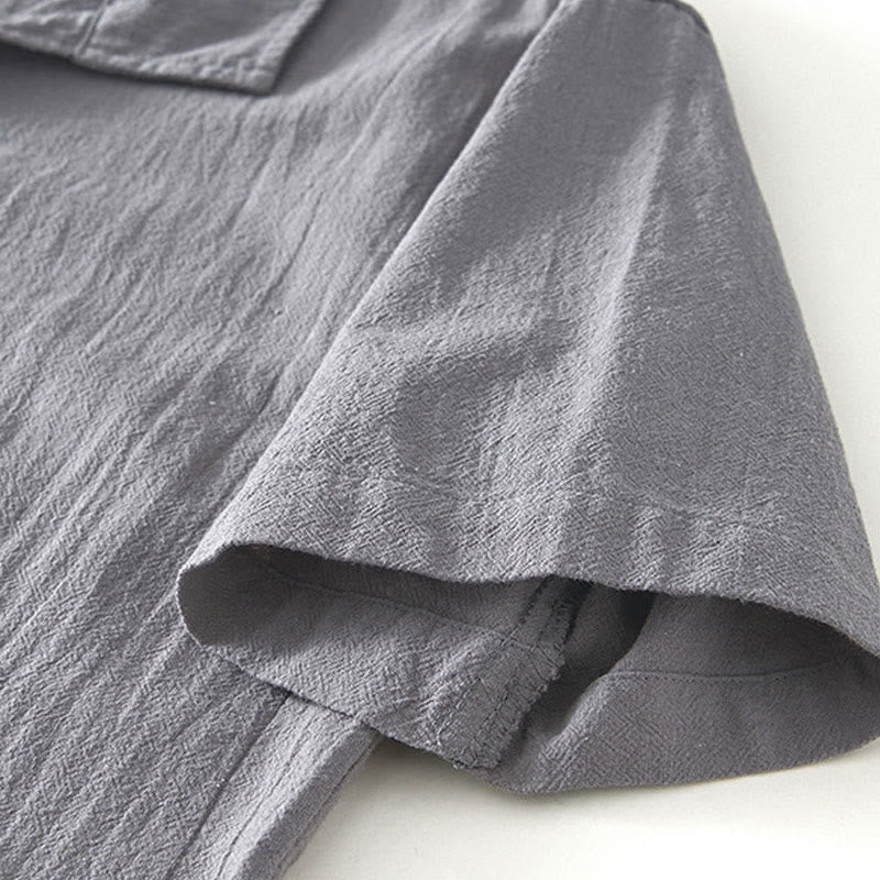 Buddha Stones Vintage Plain Simple Design Herren Kurzarmhemd aus Baumwolle und Leinen mit Taschen - image 3