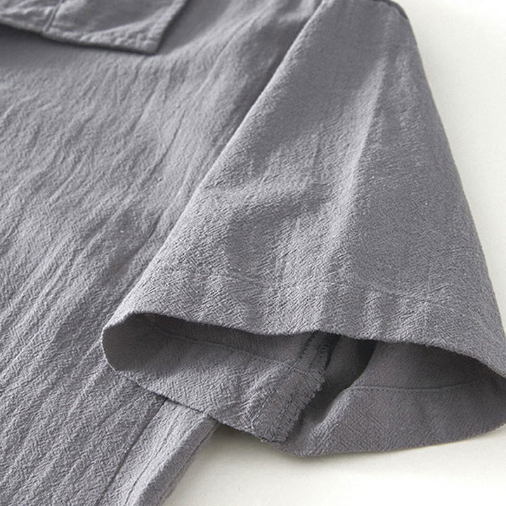 Buddha Stones Vintage Plain Simple Design Herren Kurzarmhemd aus Baumwolle und Leinen mit Taschen - image 3