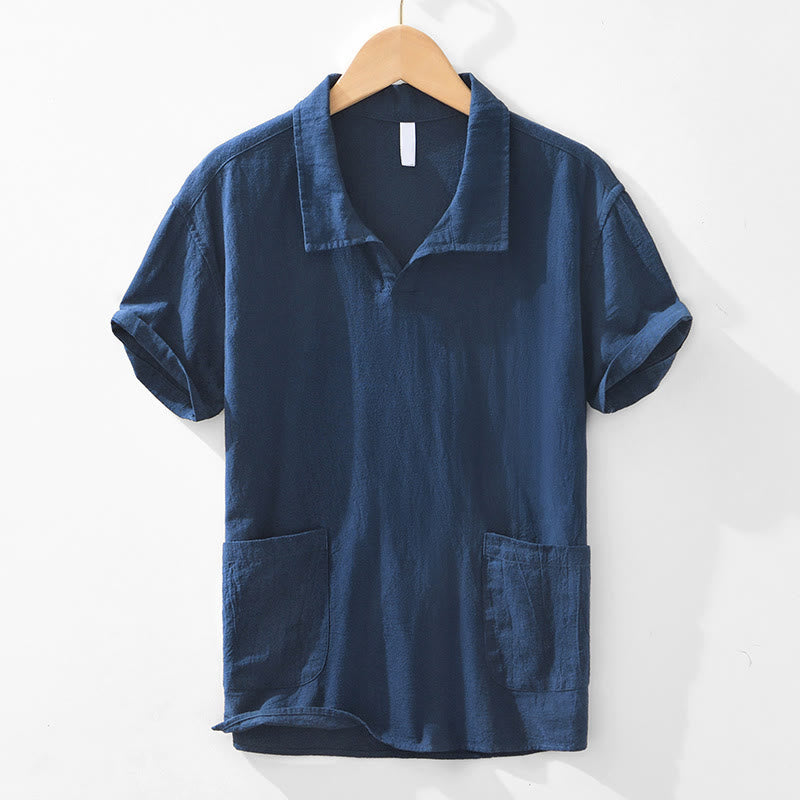 Buddha Stones Vintage Plain Simple Design Herren Kurzarmhemd aus Baumwolle und Leinen mit Taschen - Mitternachtsblau - US/ UK/AU42, EU52 (3XL) - image 6