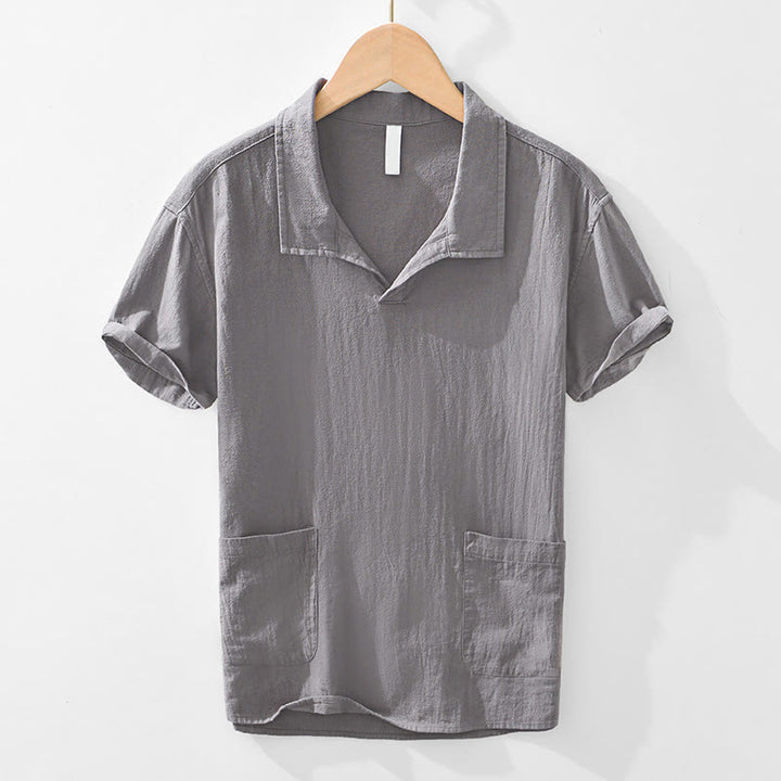 Buddha Stones Vintage Plain Simple Design Herren Kurzarmhemd aus Baumwolle und Leinen mit Taschen