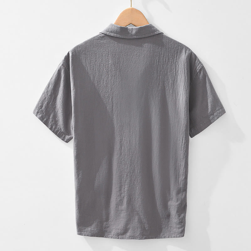 Buddha Stones Vintage Plain Simple Design Herren Kurzarmhemd aus Baumwolle und Leinen mit Taschen