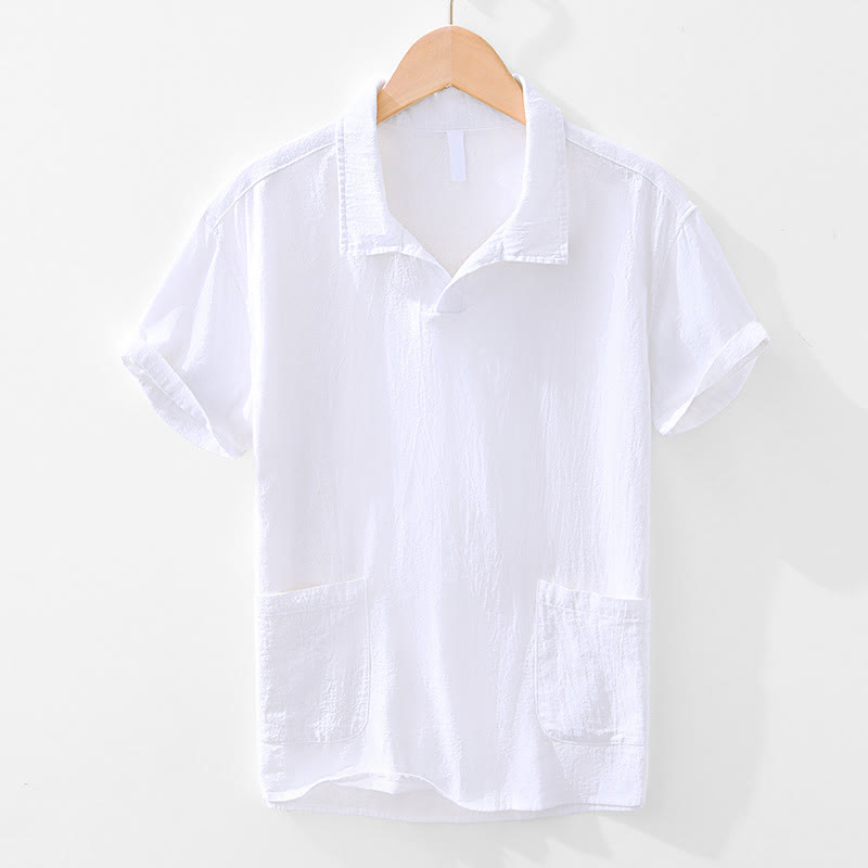 Buddha Stones Vintage Plain Simple Design Herren Kurzarmhemd aus Baumwolle und Leinen mit Taschen - Weiß - US/ UK/AU42, EU52 (3XL) - image 13