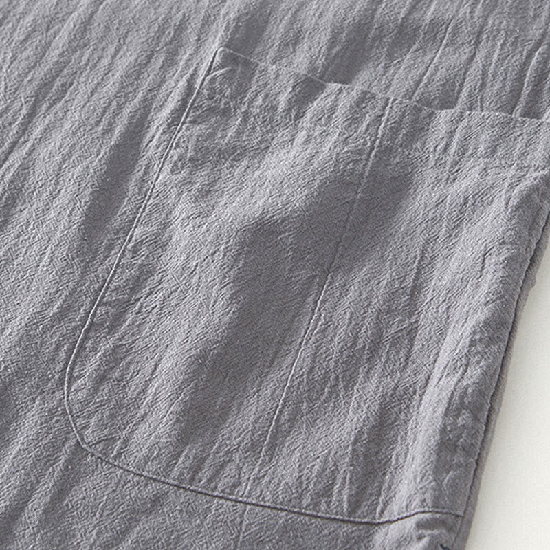 Buddha Stones Vintage Plain Simple Design Herren Kurzarmhemd aus Baumwolle und Leinen mit Taschen