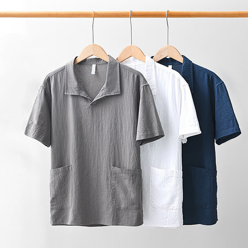 Buddha Stones Vintage Plain Simple Design Herren Kurzarmhemd aus Baumwolle und Leinen mit Taschen