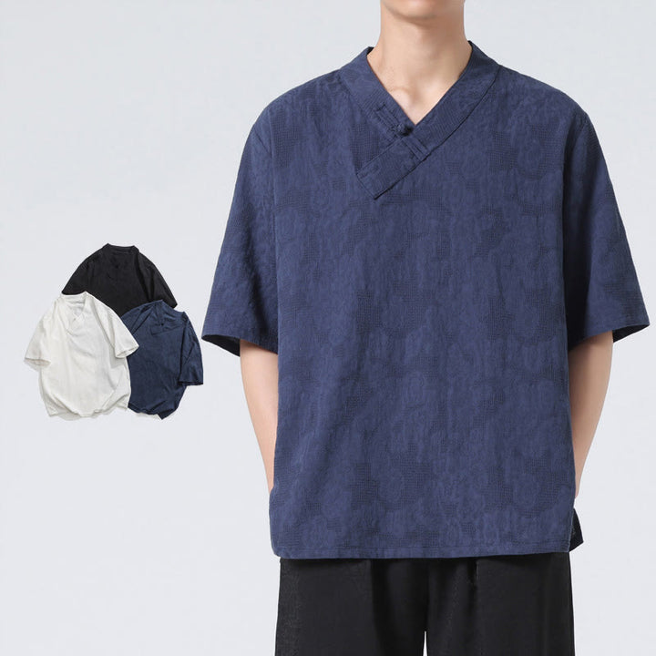 Buddha Stones Ethnic Distressed Jacquard Frog-Button Herren Stehkragen Halbarm Baumwoll-Leinen-Hemd Tai Chi Kleidung