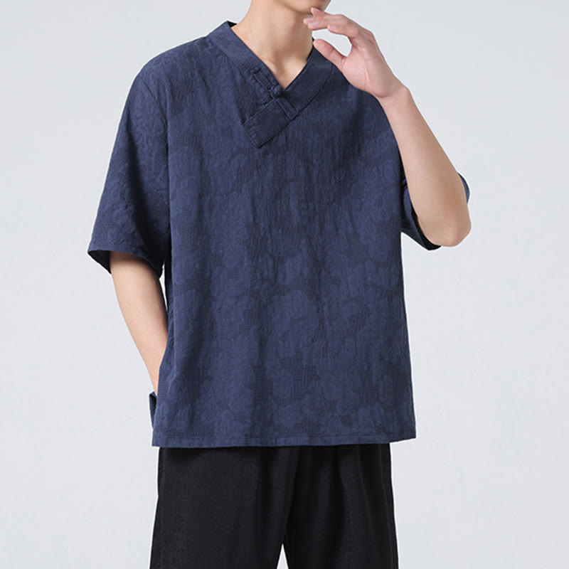 Buddha Stones Ethnic Distressed Jacquard Frog-Button Herren Stehkragen Halbarm Baumwoll-Leinen-Hemd Tai Chi Kleidung