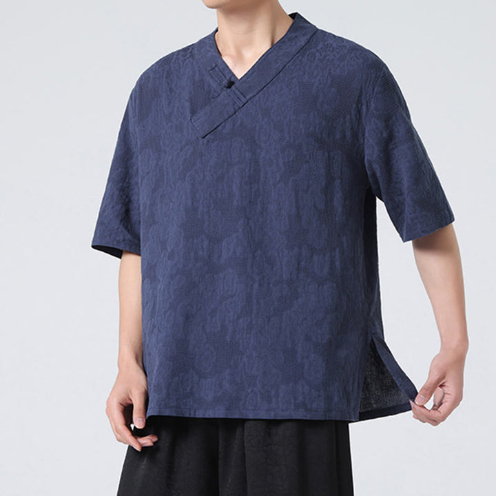 Buddha Stones Ethnic Distressed Jacquard Frog-Button Herren Stehkragen Halbarm Baumwoll-Leinen-Hemd Tai Chi Kleidung