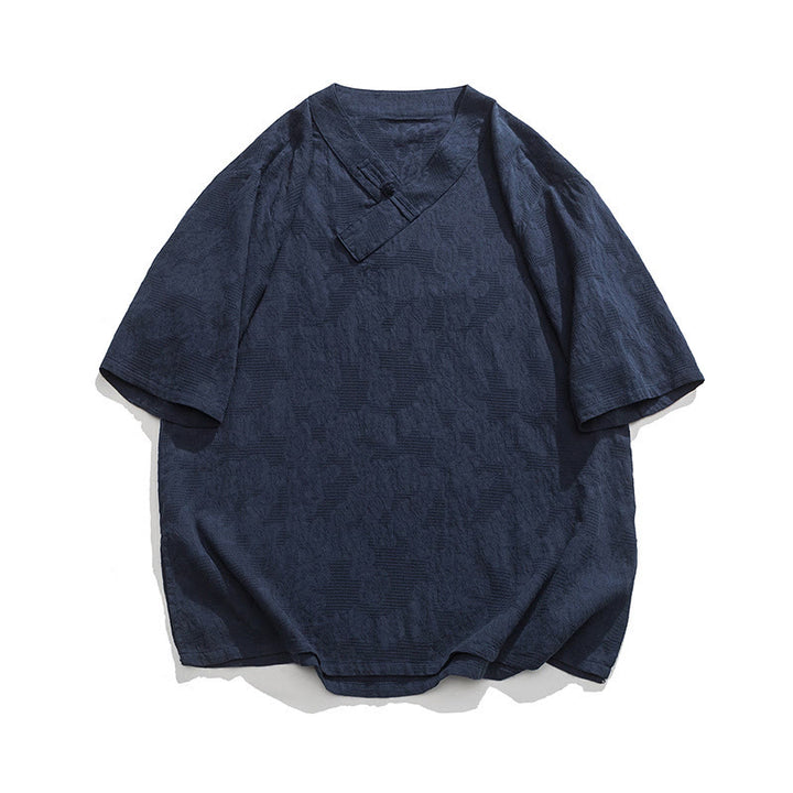 Buddha Stones Ethnic Distressed Jacquard Frog-Button Herren Stehkragen Halbarm Baumwoll-Leinen-Hemd Tai Chi Kleidung - Dunkelschieferblau - US/ UK/AU46, EU56 (5XL) - image 0