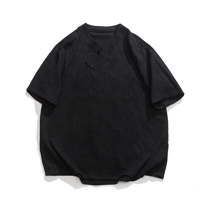 Buddha Stones Ethnic Distressed Jacquard Frog-Button Herren Stehkragen Halbarm Baumwoll-Leinen-Hemd Tai Chi Kleidung - Schwarz - US/ UK/AU46, EU56 (5XL) - image 12